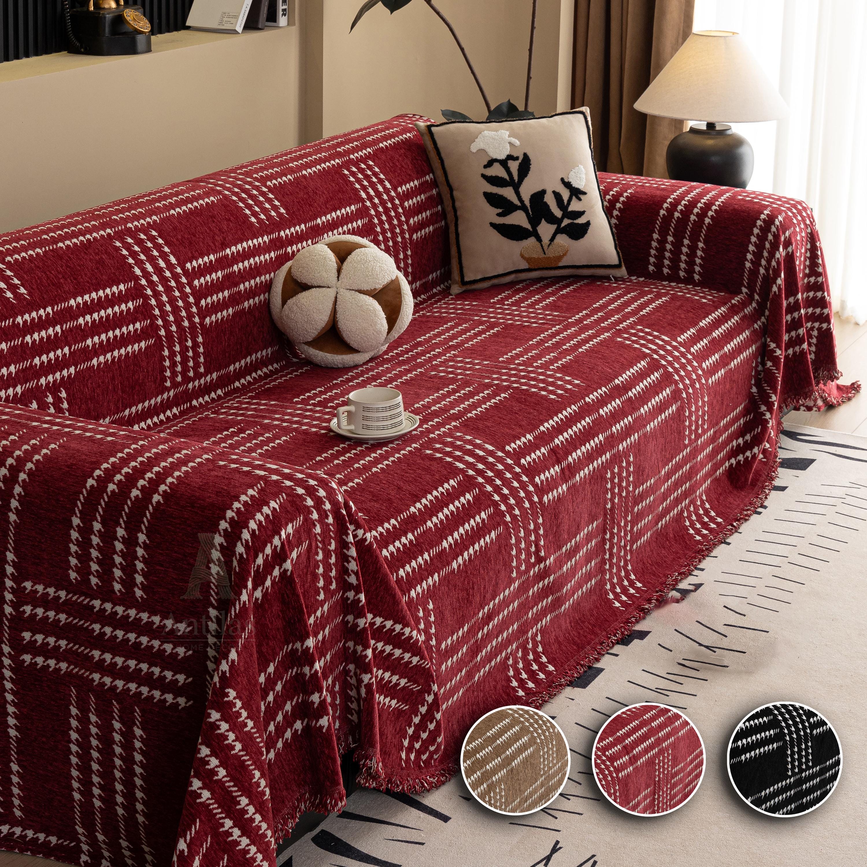 Chenille Houndstooth Sofa Cover, Black and White Plaid Throw, Vintage Dark Academia Decor