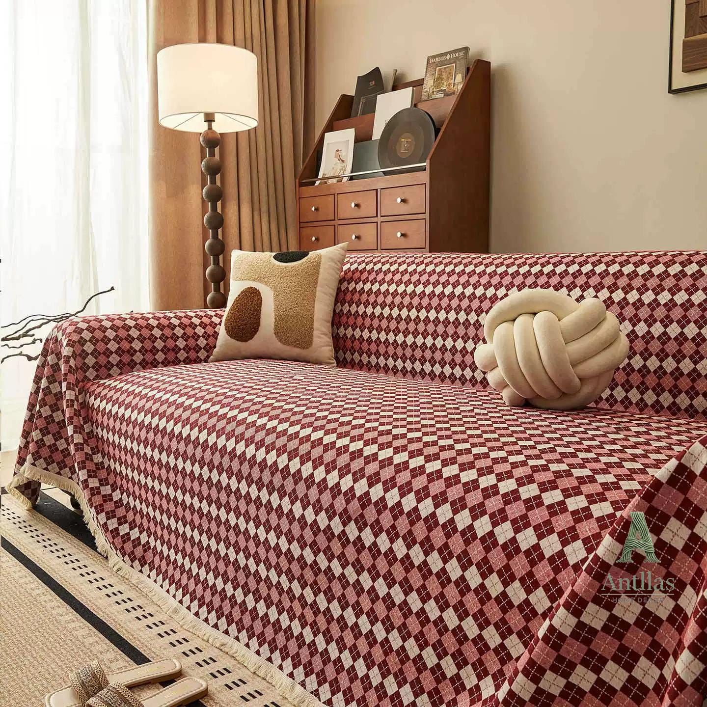 Argyle Cotton Linen Sofa Throw, Vintage Checkered Couch Cover, Pet Protector
