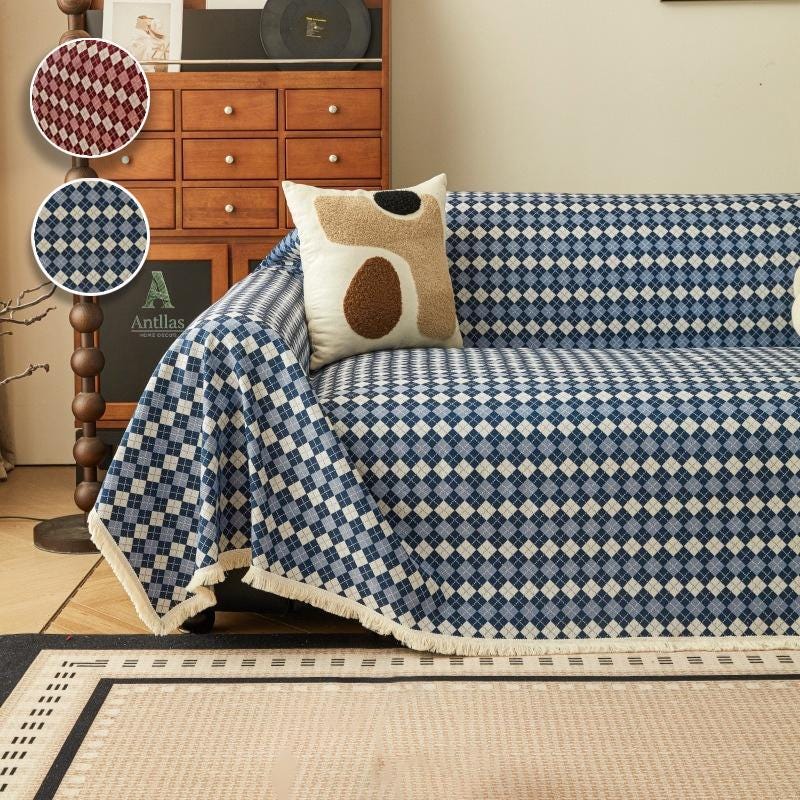 Argyle Cotton Linen Sofa Throw, Vintage Checkered Couch Cover, Pet Protector