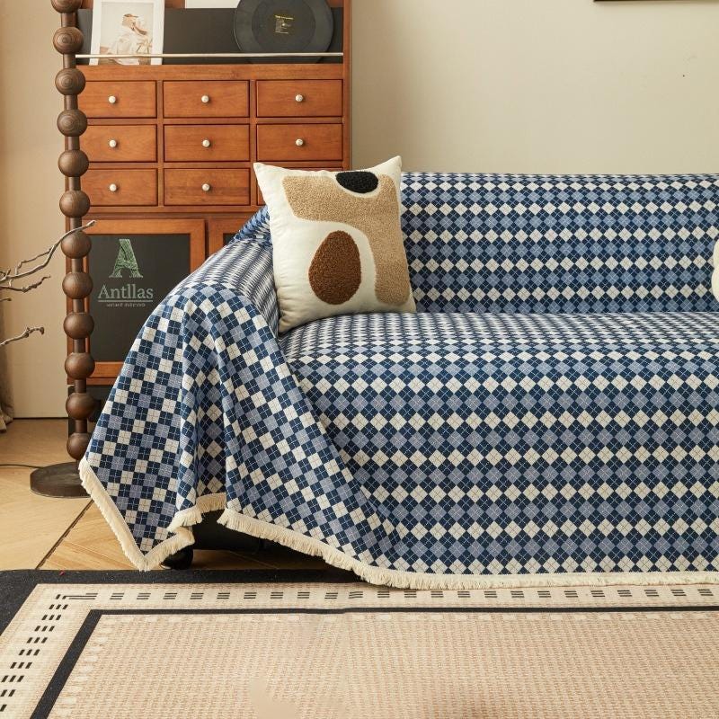 Argyle Cotton Linen Sofa Throw, Vintage Checkered Couch Cover, Pet Protector