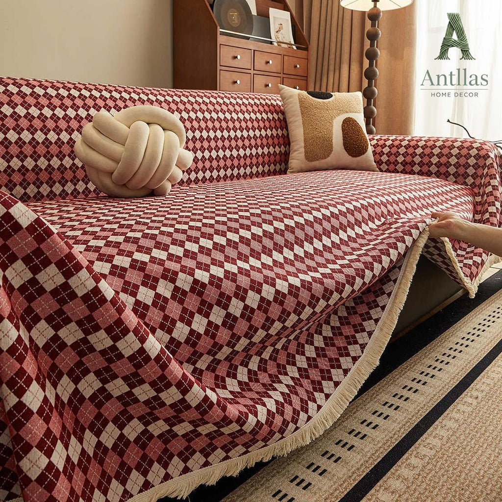 Argyle Cotton Linen Sofa Throw, Vintage Checkered Couch Cover, Pet Protector