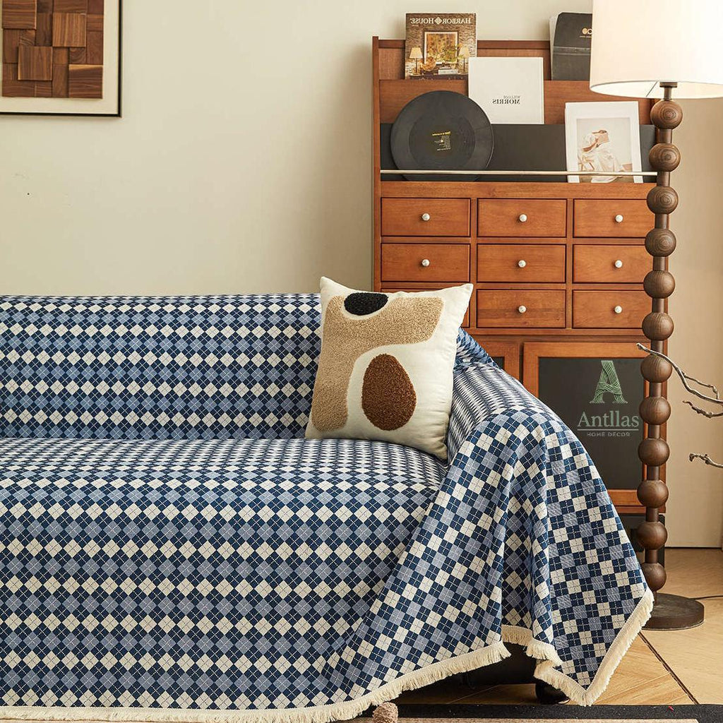 Argyle Cotton Linen Sofa Throw, Vintage Checkered Couch Cover, Pet Protector