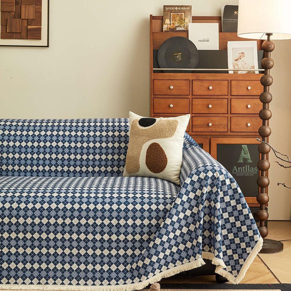 Argyle Cotton Linen Sofa Throw, Vintage Checkered Couch Cover, Pet Protector