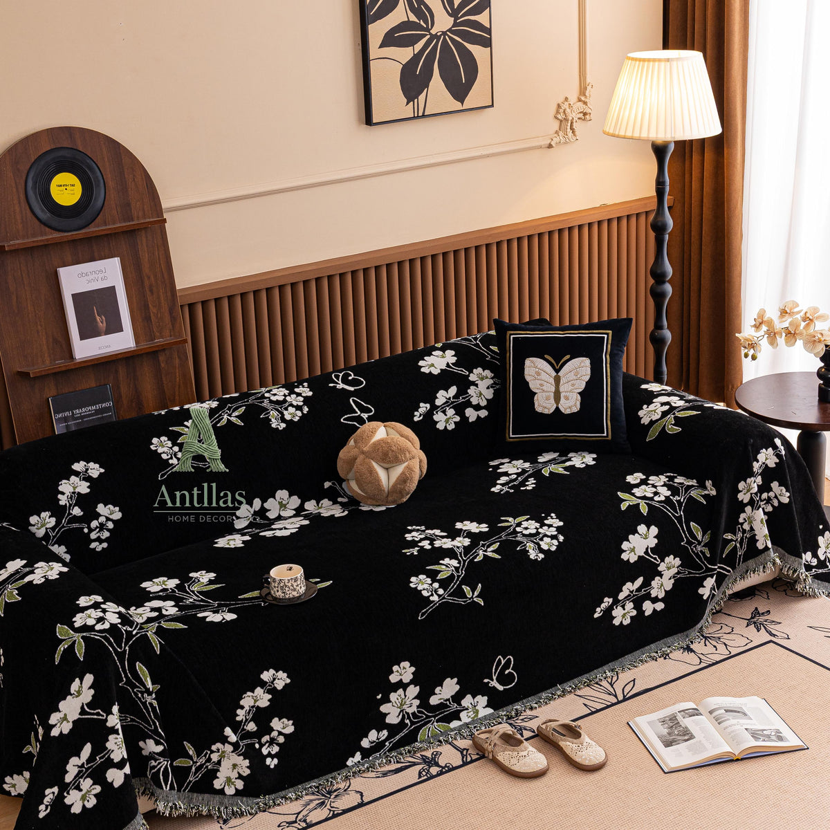 Chenille Floral Sofa Cover with Tassels, Green Botanical Throw
