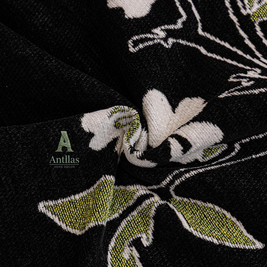 Chenille Floral Sofa Cover with Tassels, Green Botanical Throw