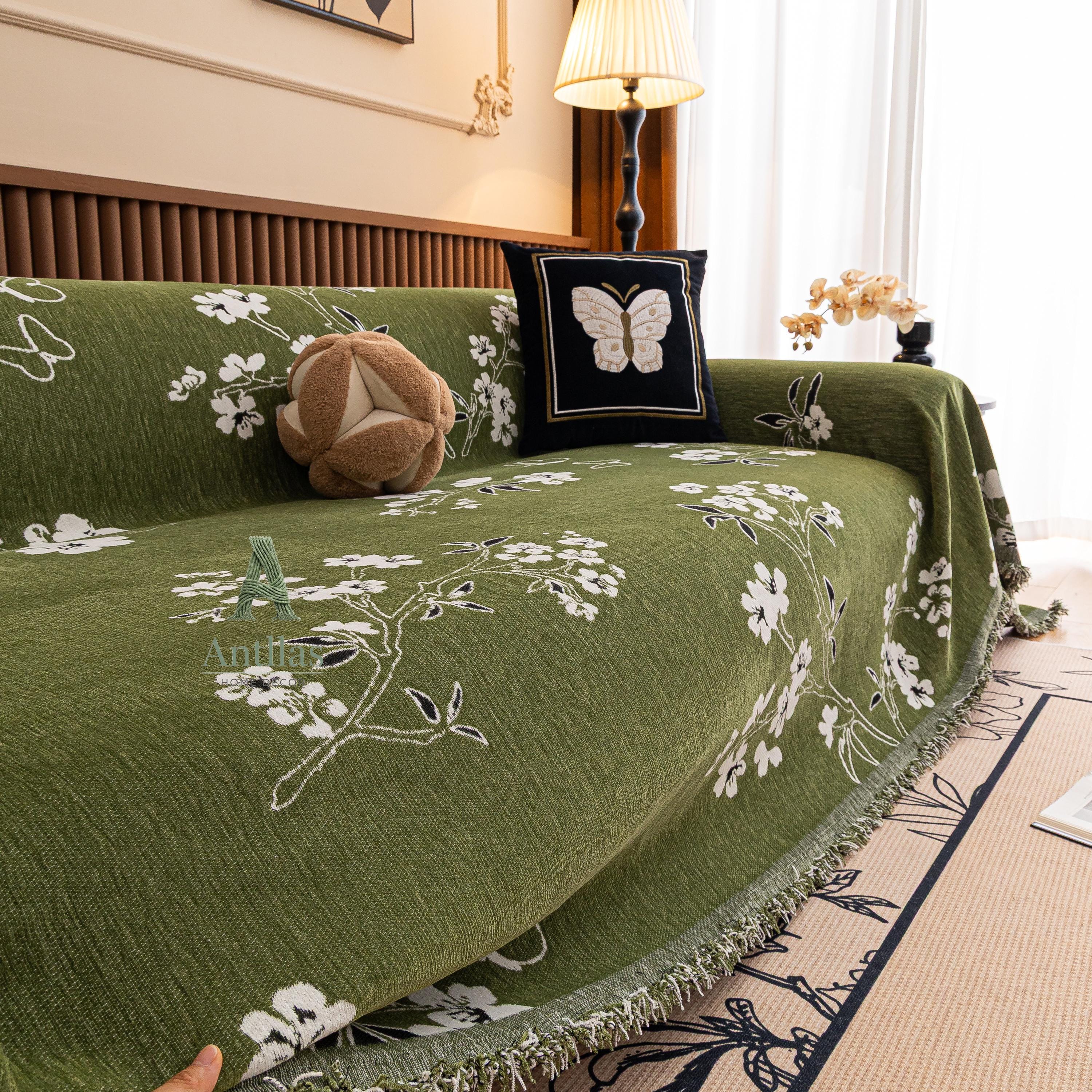Chenille Floral Sofa Cover with Tassels, Green Botanical Throw