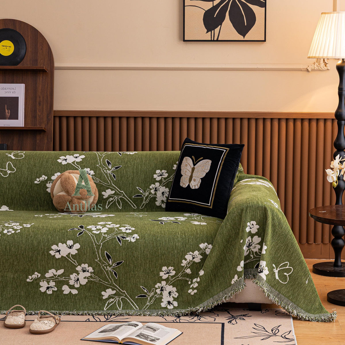 Chenille Floral Sofa Cover with Tassels, Green Botanical Throw