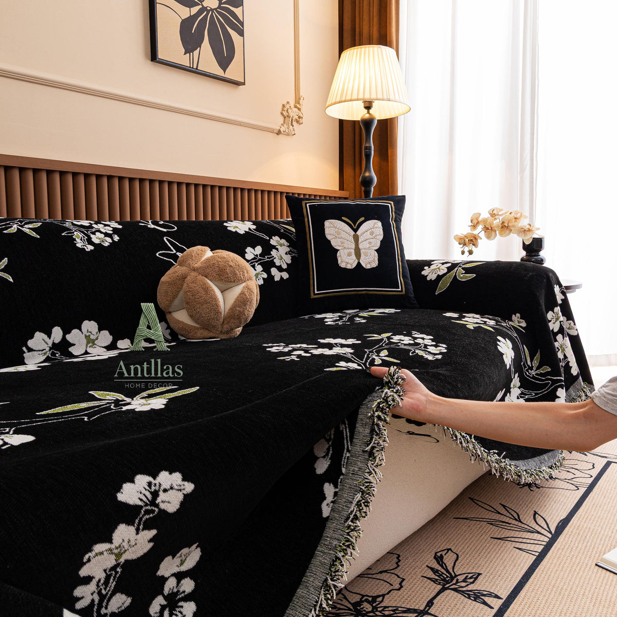 Chenille Floral Sofa Cover with Tassels, Green Botanical Throw