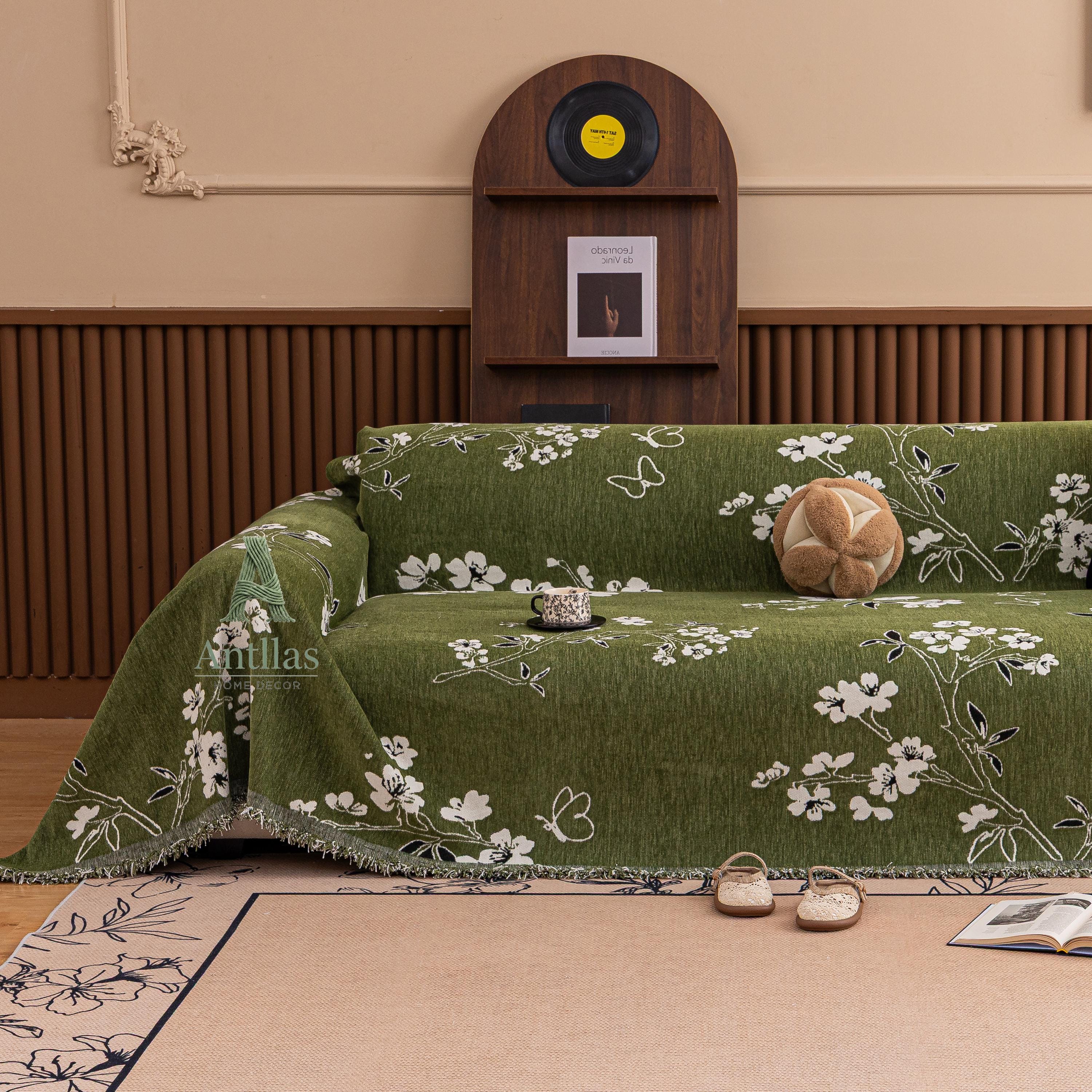 Chenille Floral Sofa Cover with Tassels, Green Botanical Throw