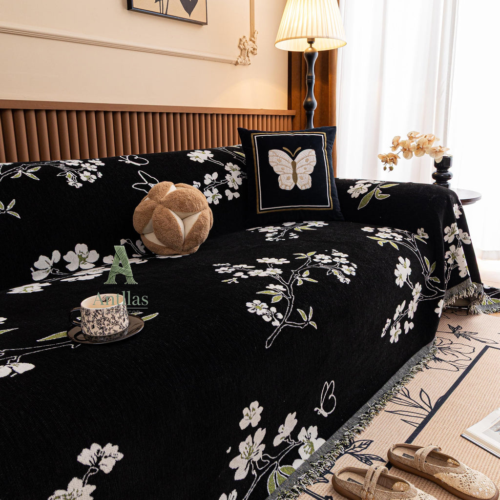 Chenille Floral Sofa Cover with Tassels, Green Botanical Throw