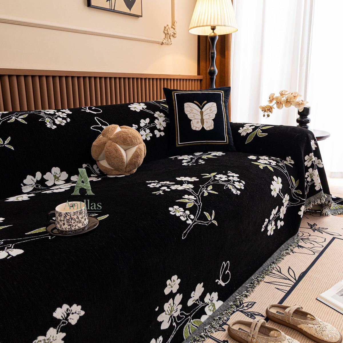 Chenille Floral Sofa Cover with Tassels, Green Botanical Throw