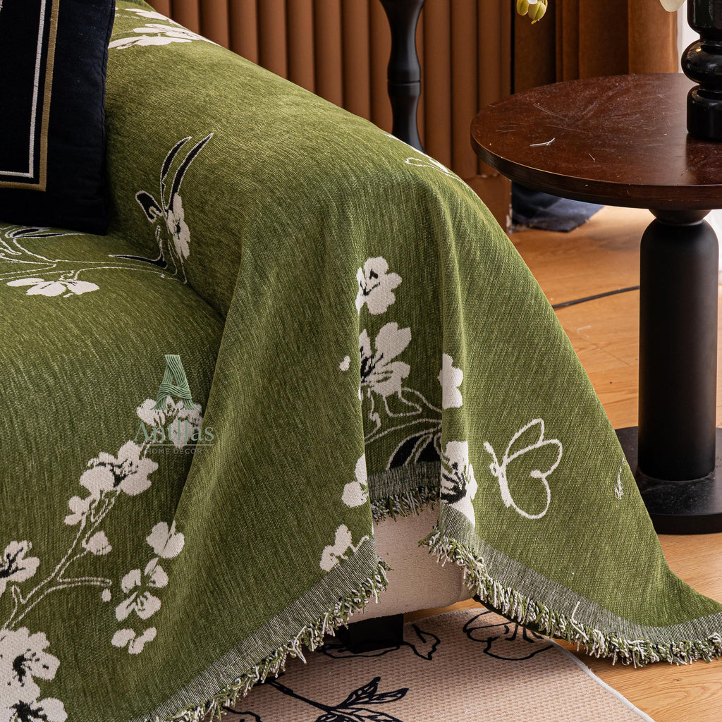 Chenille Floral Sofa Cover with Tassels, Green Botanical Throw