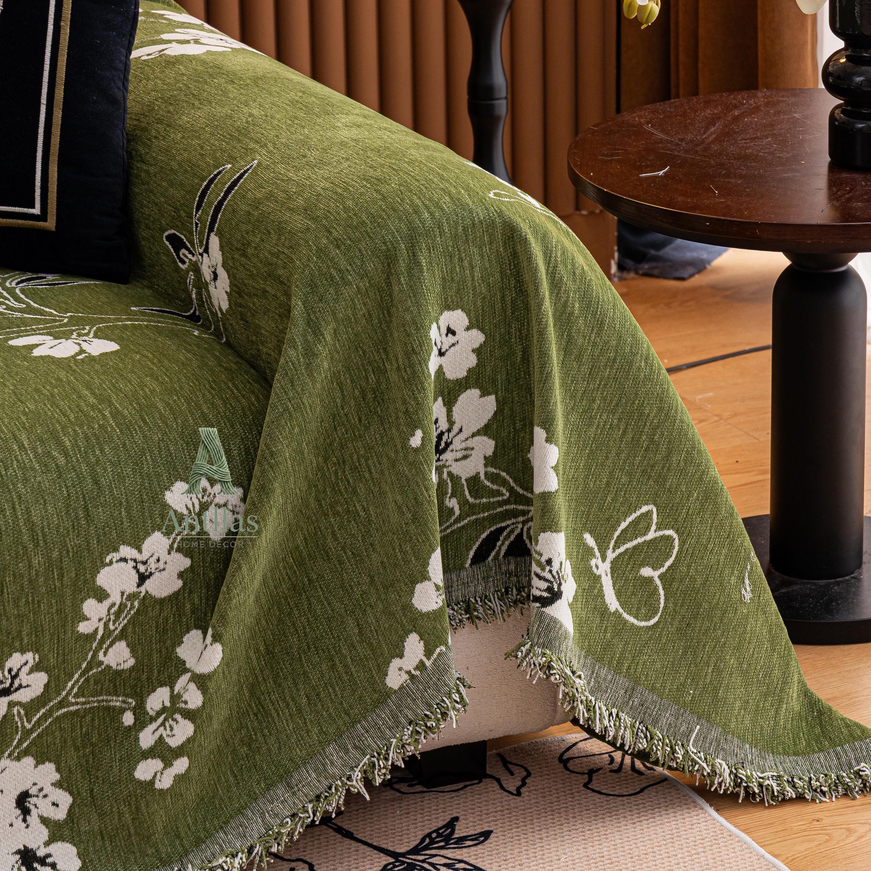 Chenille Floral Sofa Cover with Tassels, Green Botanical Throw