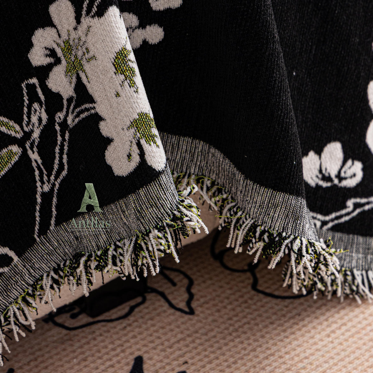 Chenille Floral Sofa Cover with Tassels, Green Botanical Throw