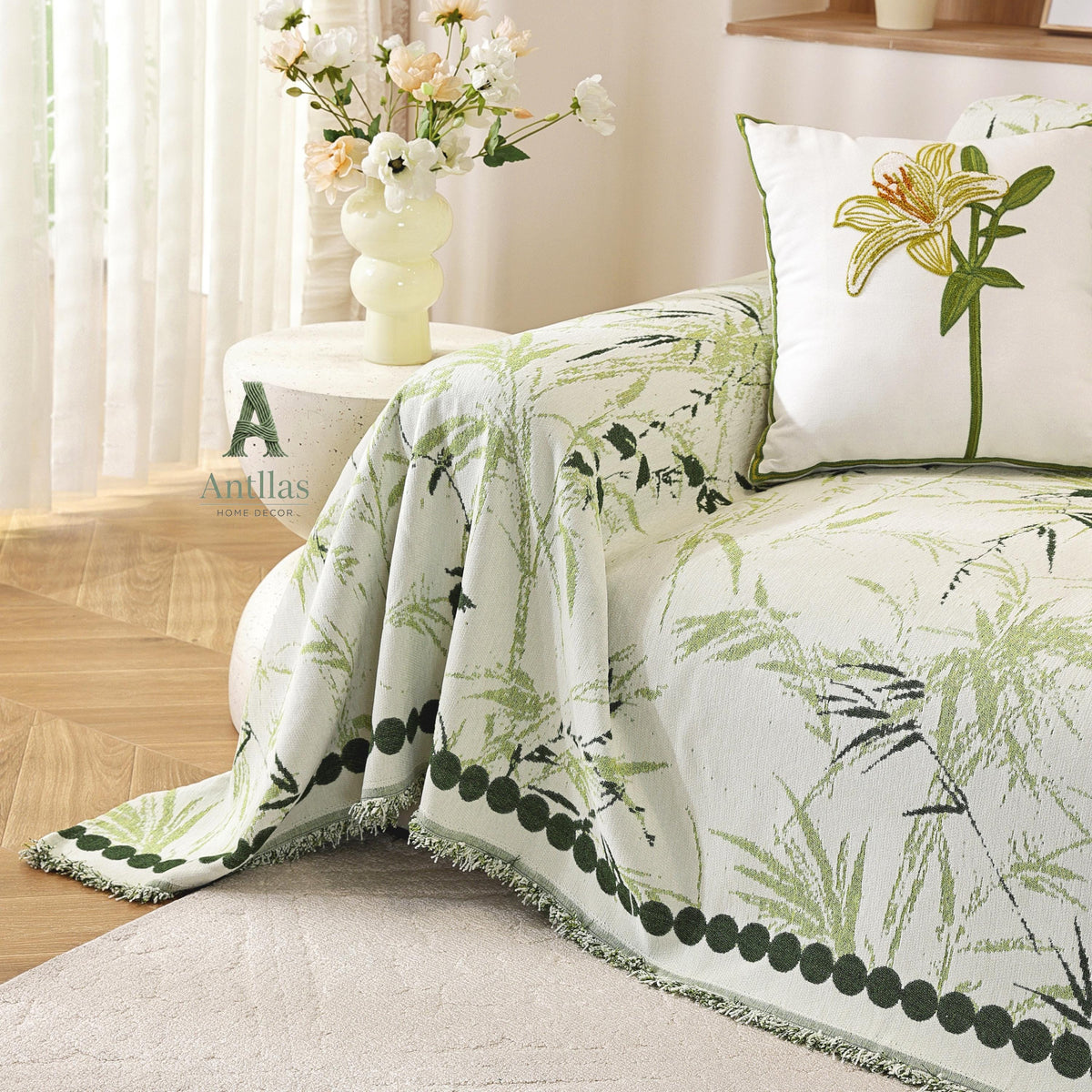 Bamboo Chenille Sofa Cover, Japandi Zen Throw, Botanical Furniture Protector