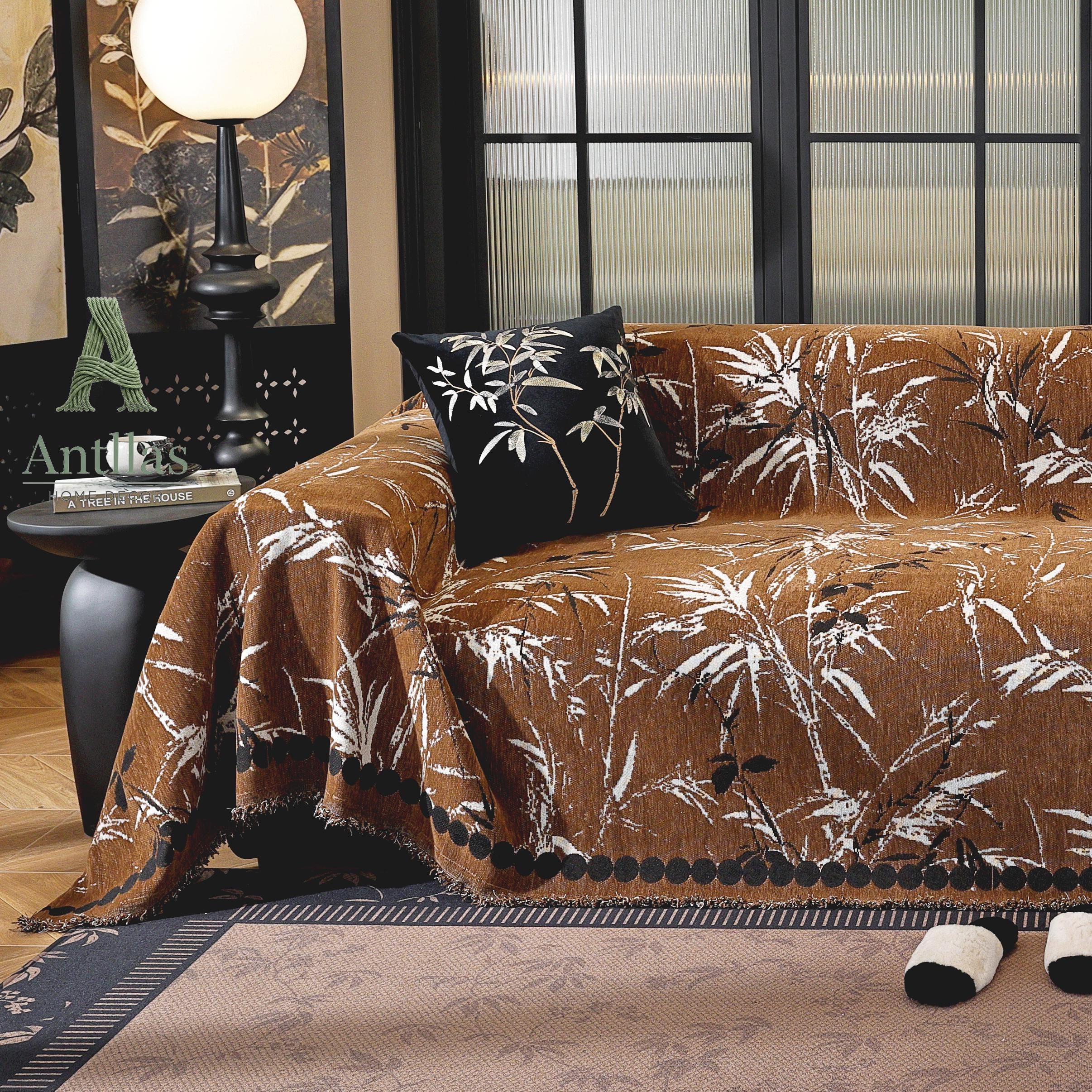 Bamboo Chenille Sofa Cover, Japandi Zen Throw, Botanical Furniture Protector