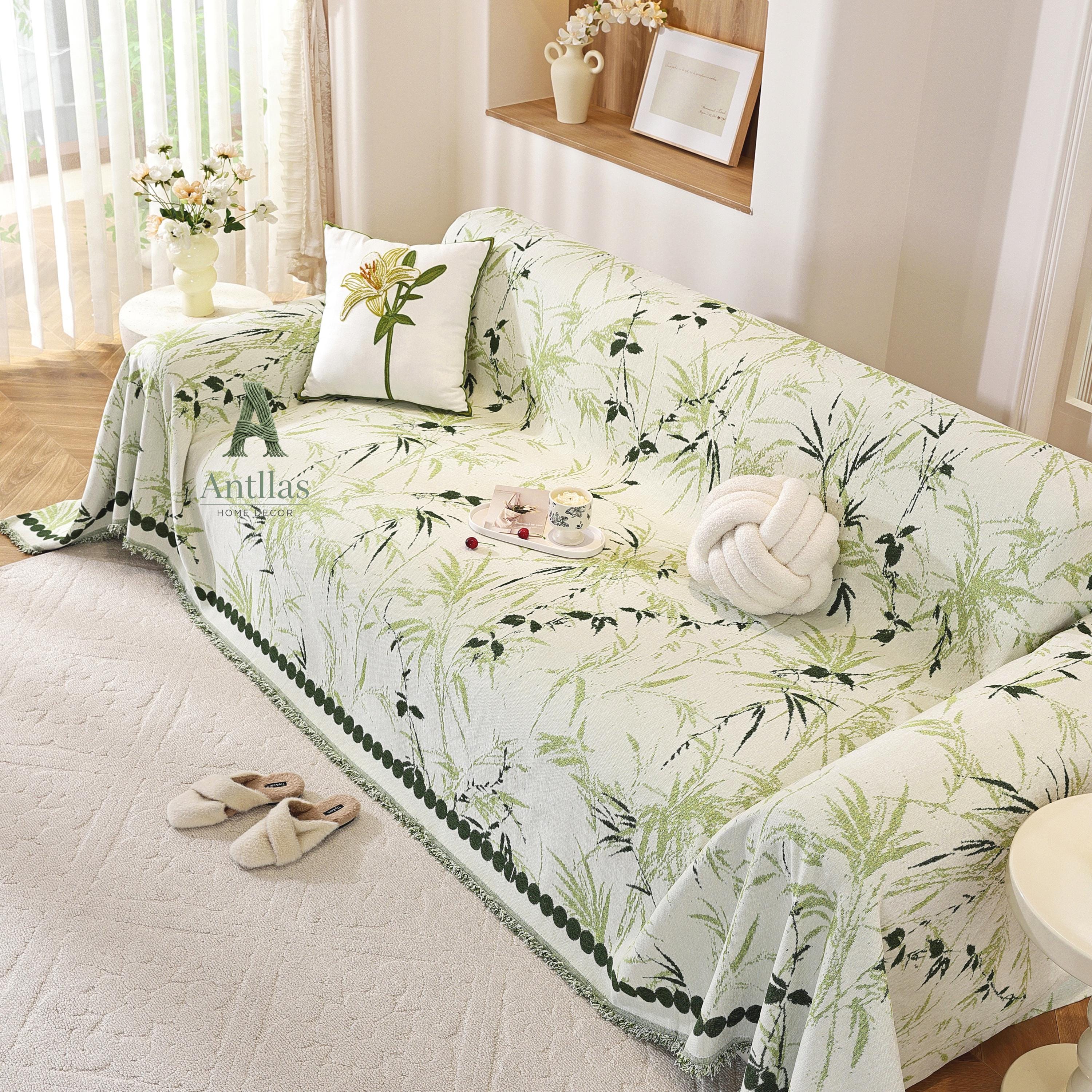 Bamboo Chenille Sofa Cover, Japandi Zen Throw, Botanical Furniture Protector