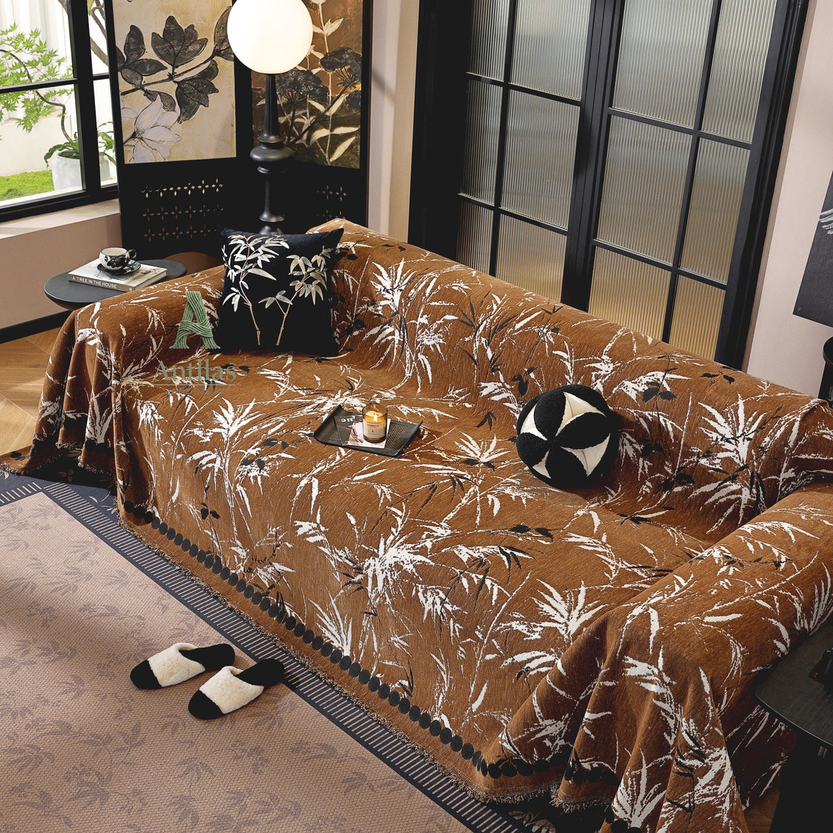 Bamboo Chenille Sofa Cover, Japandi Zen Throw, Botanical Furniture Protector