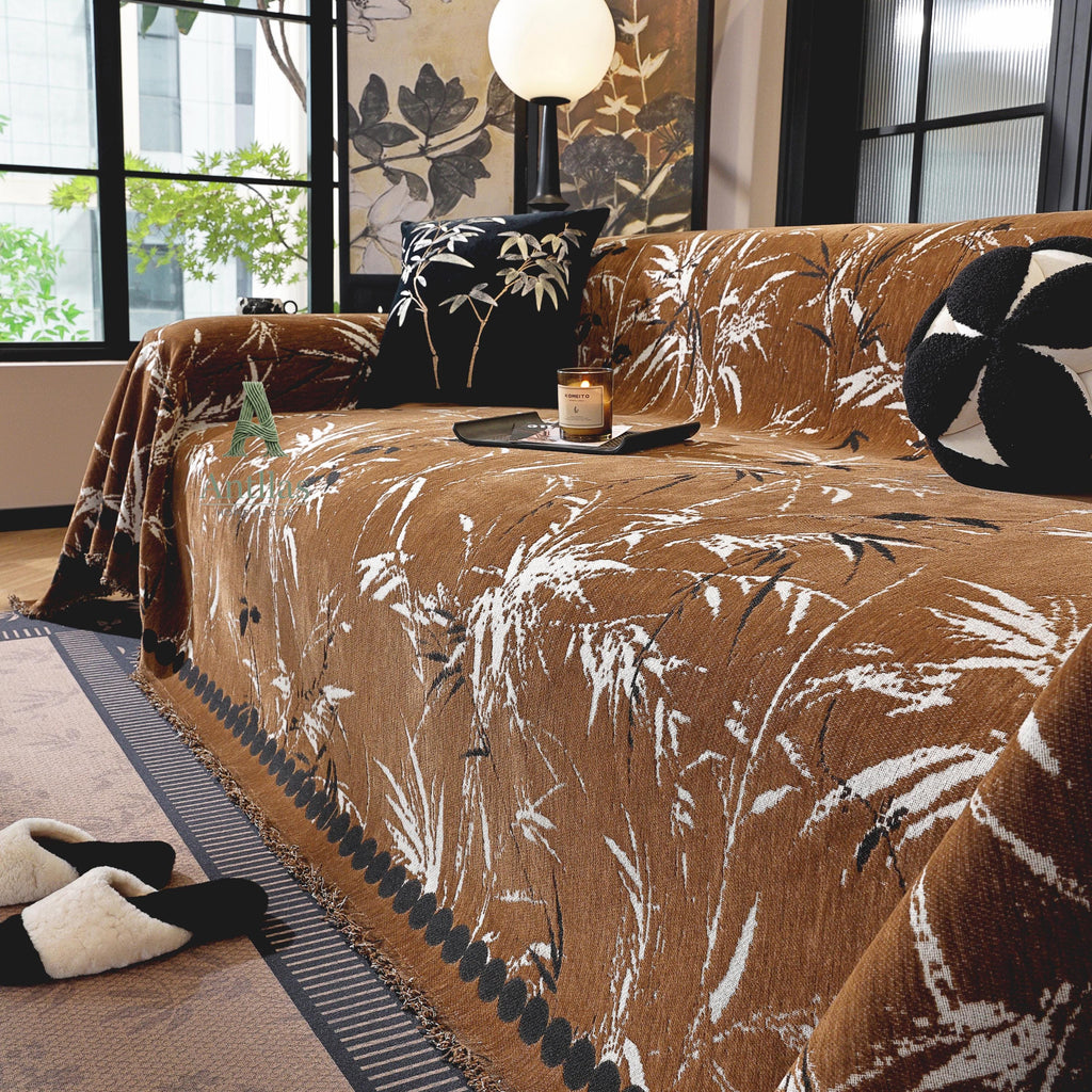 Bamboo Chenille Sofa Cover, Japandi Zen Throw, Botanical Furniture Protector