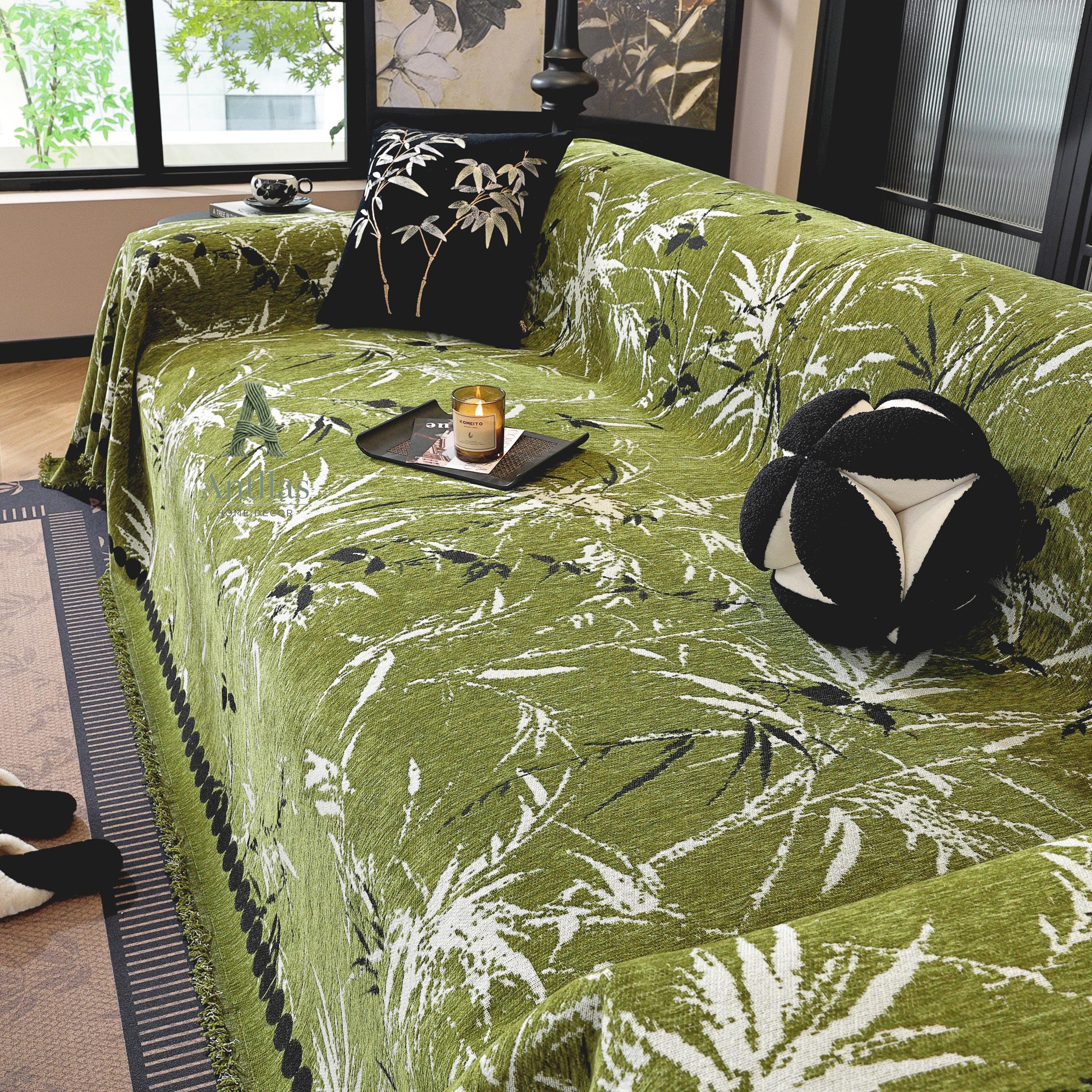Bamboo Chenille Sofa Cover, Japandi Zen Throw, Botanical Furniture Protector