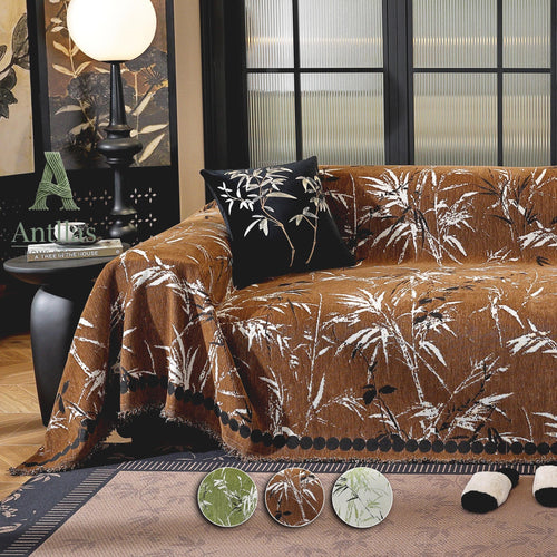 Bamboo Chenille Sofa Cover, Japandi Zen Throw, Botanical Furniture Protector