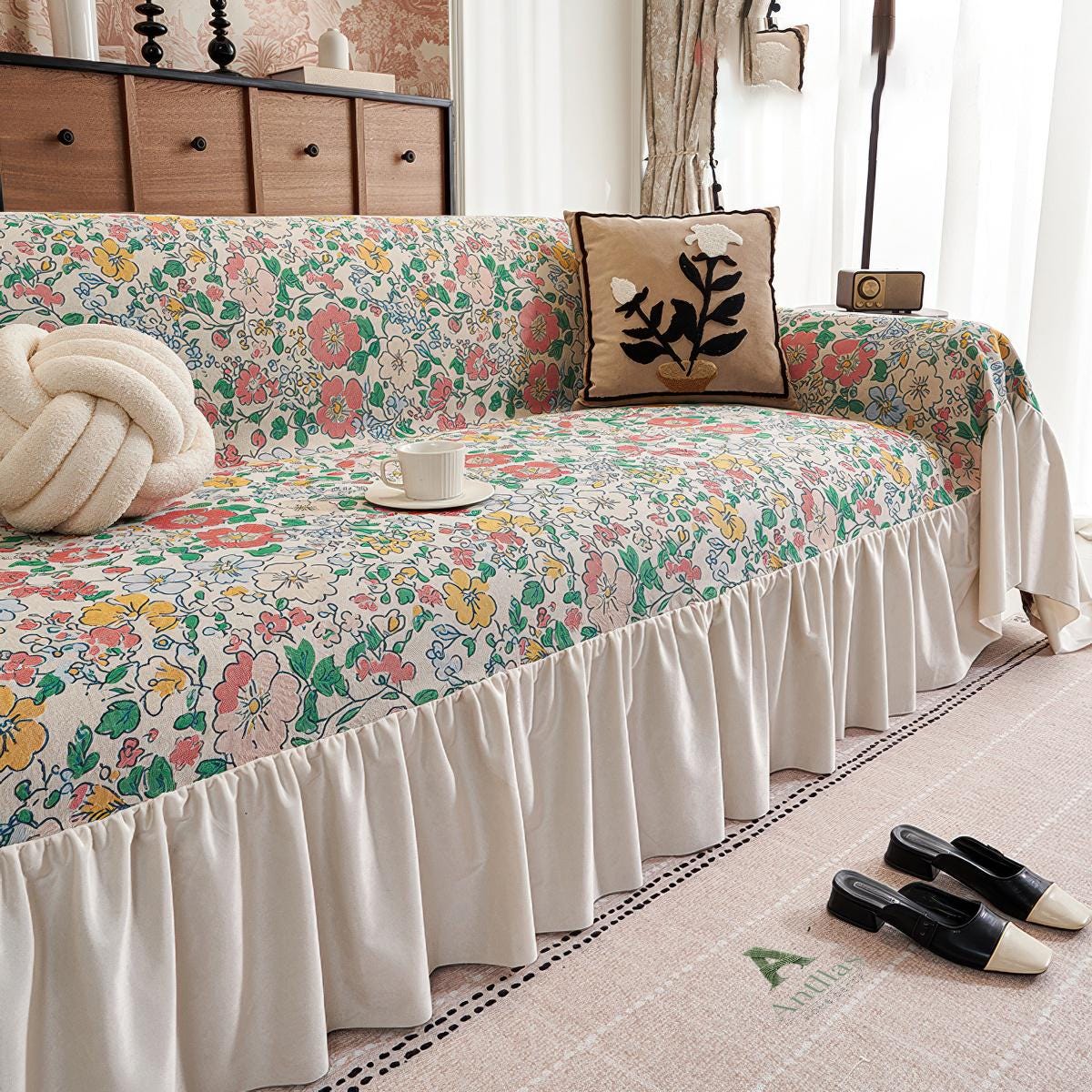 Floral Ruffle Sofa Cover, French Country Cottagecore Decor