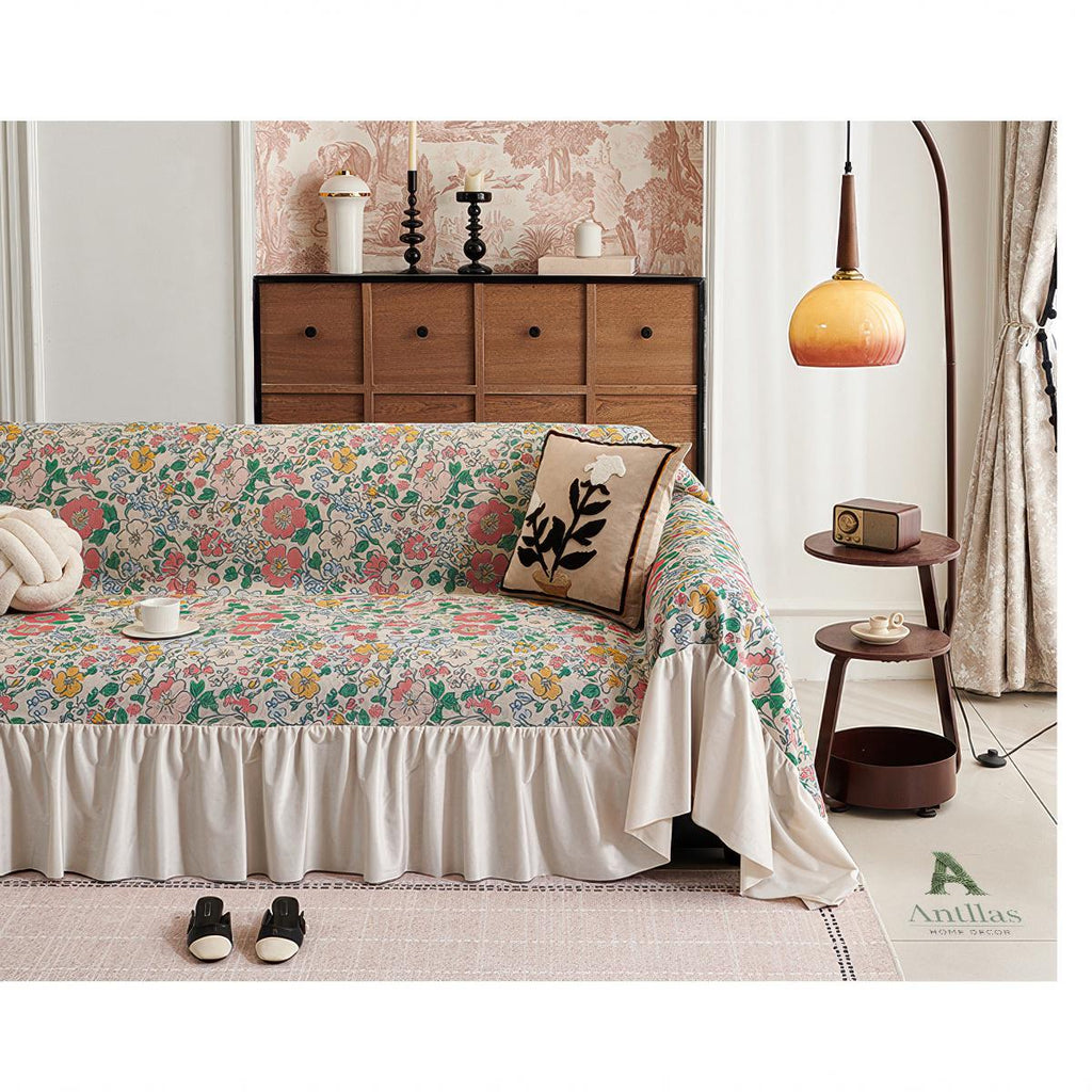 Floral Ruffle Sofa Cover, French Country Cottagecore Decor