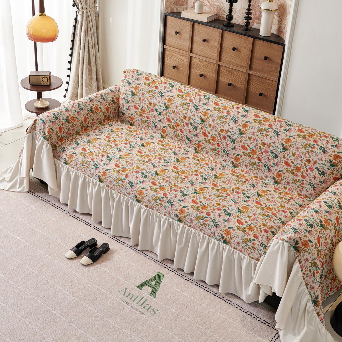 Vintage Floral Sofa Cover, Ruffled French Cottagecore Couch Throw