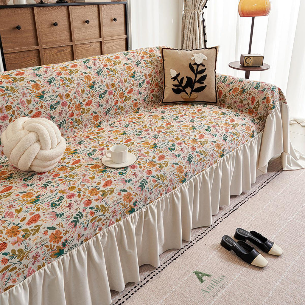 Vintage Floral Sofa Cover, Ruffled French Cottagecore Couch Throw