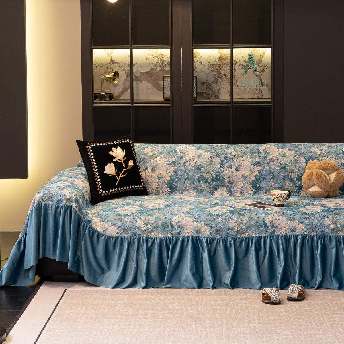Van Gogh Floral Sofa Cover, Ocean Blue Velvet Ruffle, Art Furniture Protector