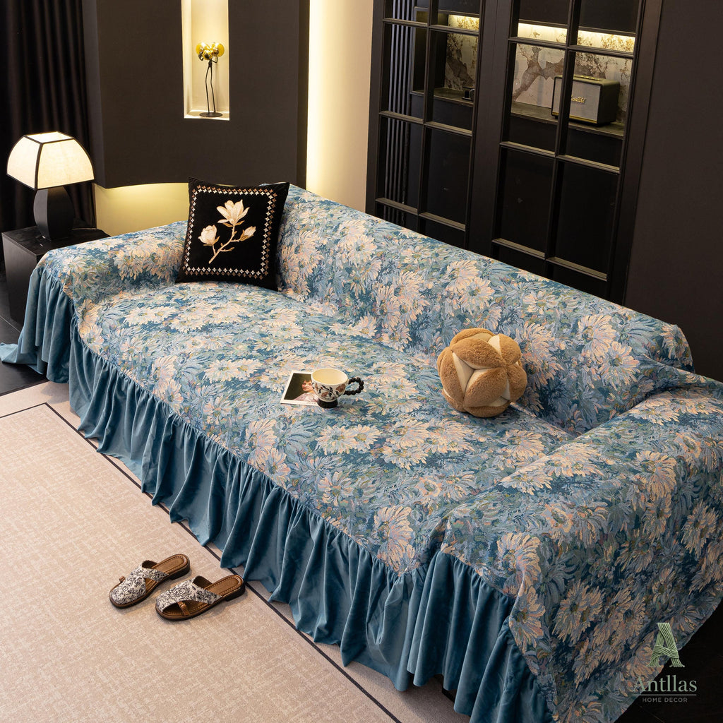 Van Gogh Floral Sofa Cover, Ocean Blue Velvet Ruffle, Art Furniture Protector