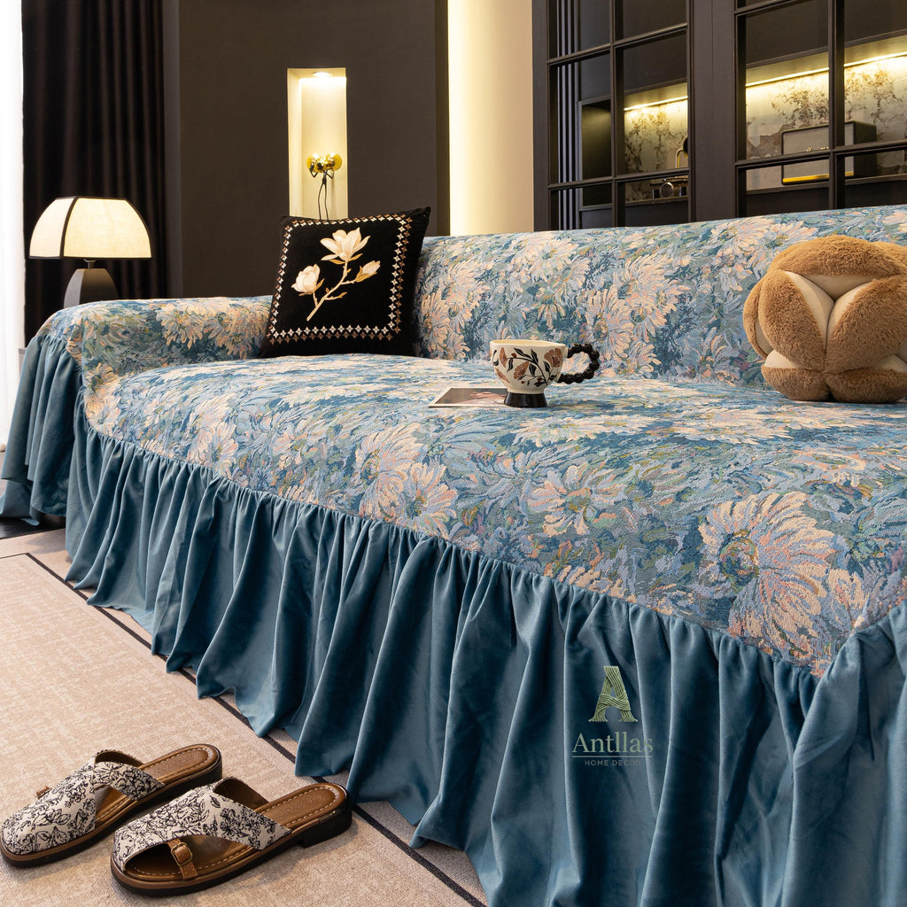 Van Gogh Floral Sofa Cover, Ocean Blue Velvet Ruffle, Art Furniture Protector
