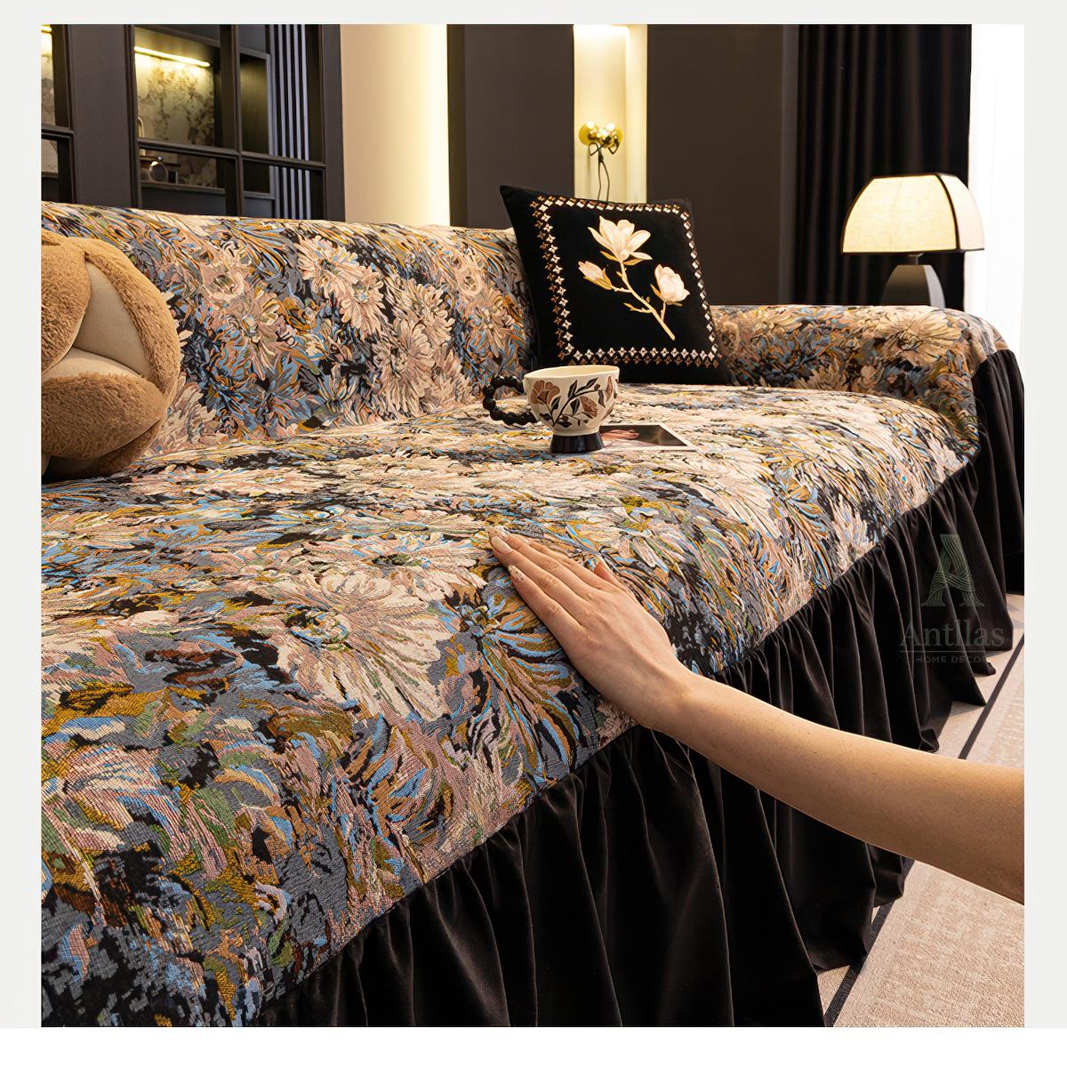 Midnight Garden Floral Sofa Cover, Black Velvet Ruffle, Dark Academia Decor