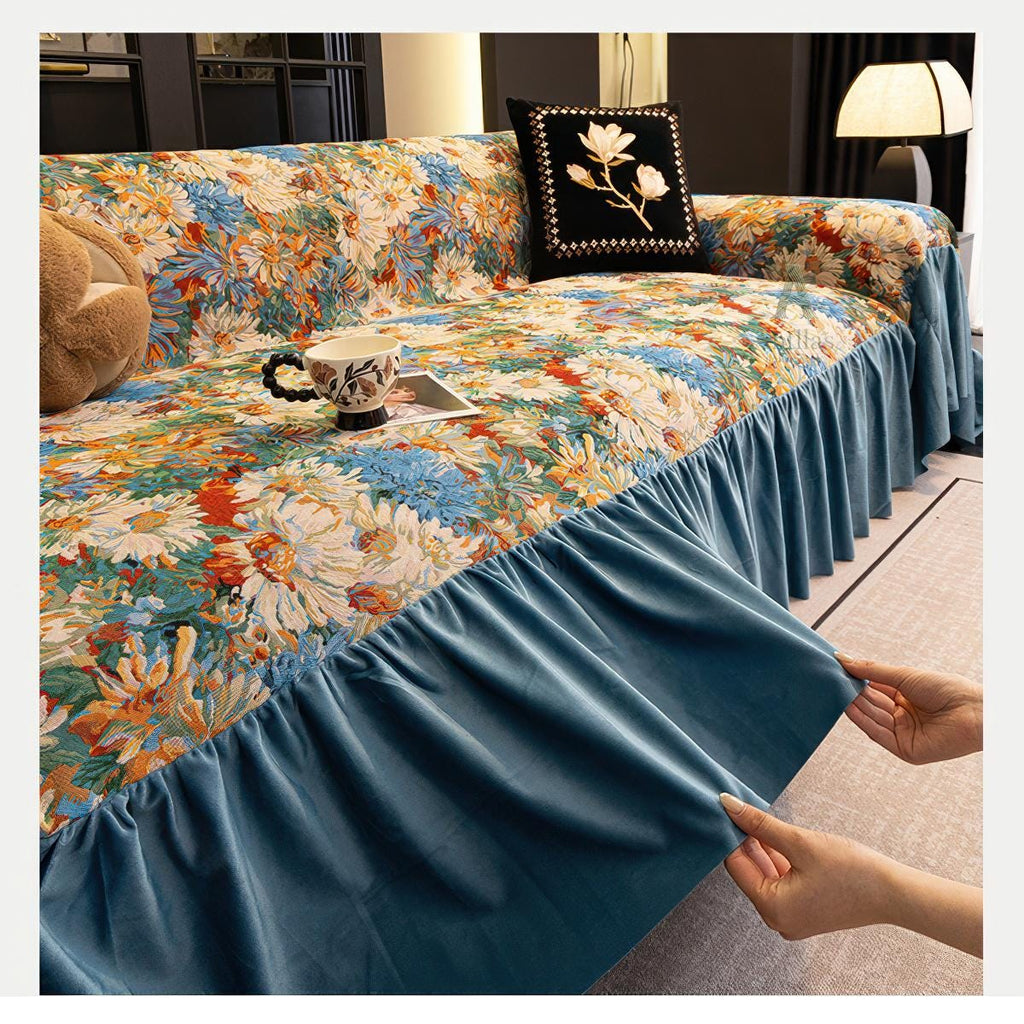 Floral Oil Painting Sofa Cover, Blue Velvet Ruffle Throw
