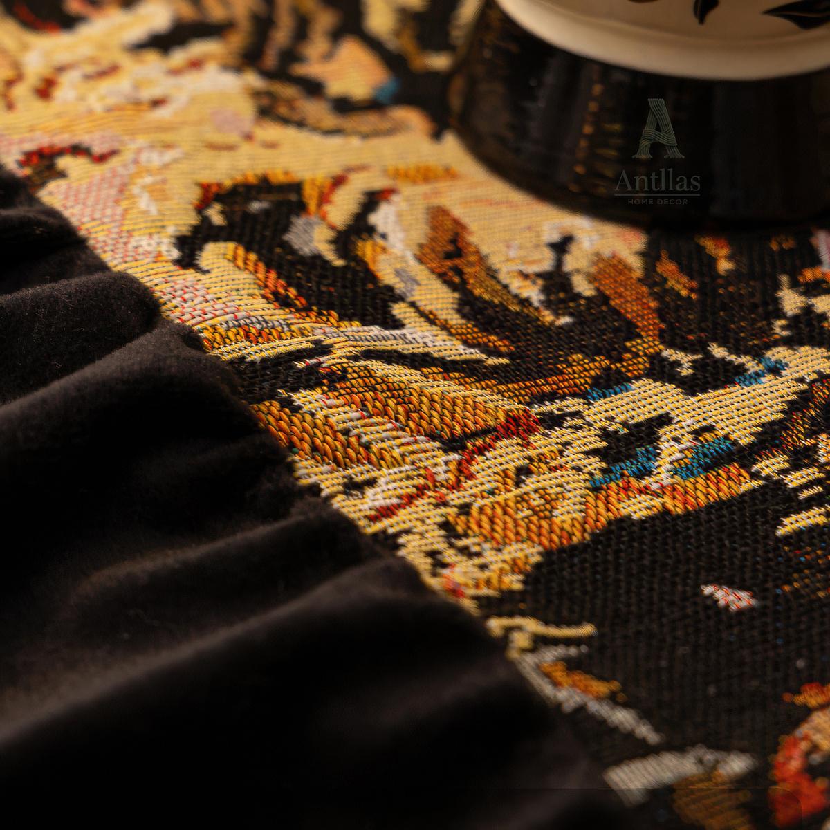 Black & Gold Floral Sofa Cover, Velvet Ruffle, Baroque Tapestry Couch Throw