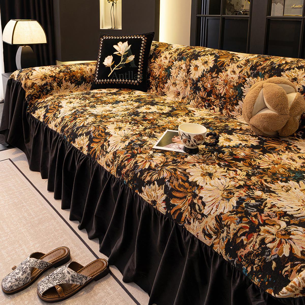 Black & Gold Floral Sofa Cover, Velvet Ruffle, Baroque Tapestry Couch Throw