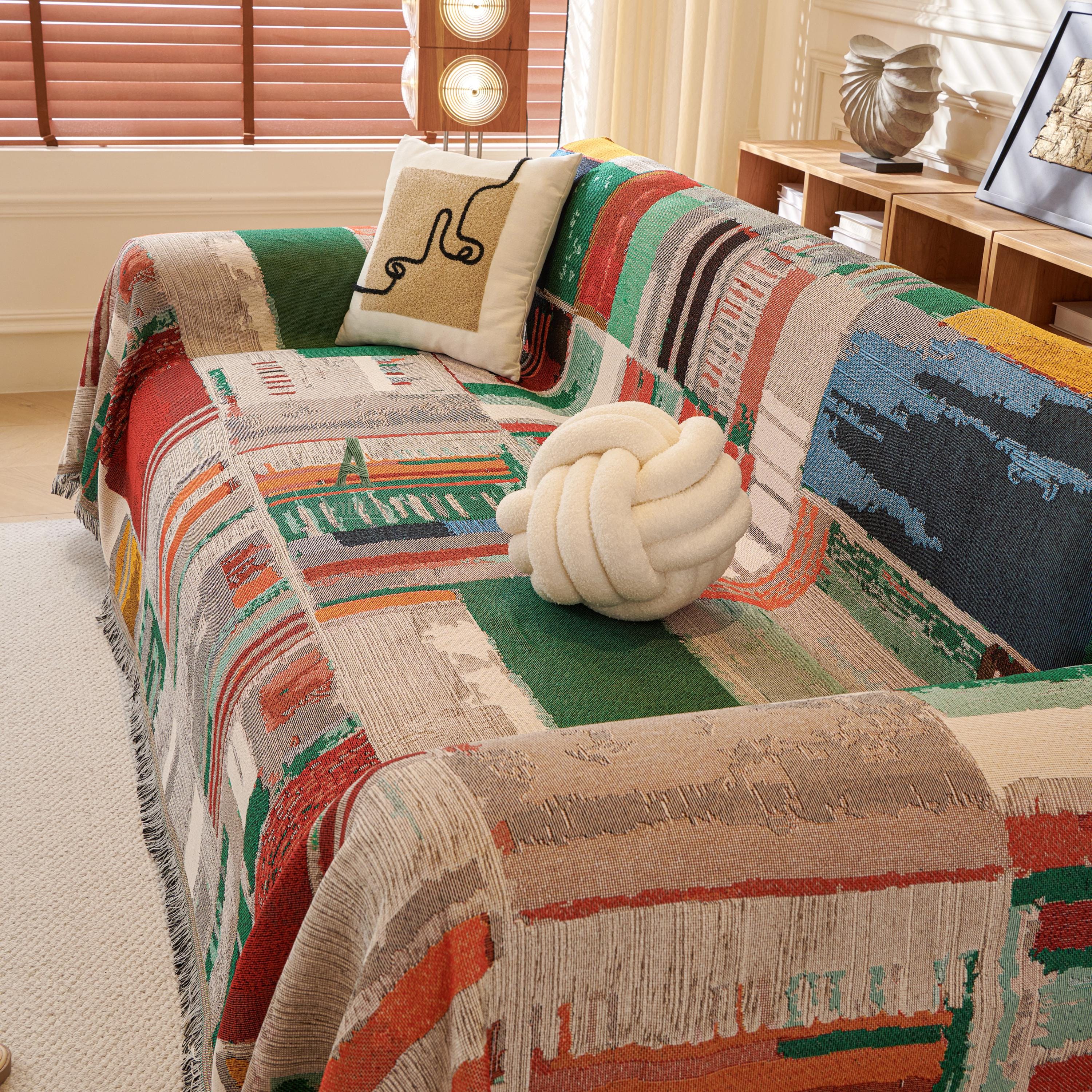 Boho Cotton Sofa Throw, Geometric Patchwork Design, Tassel Fringe