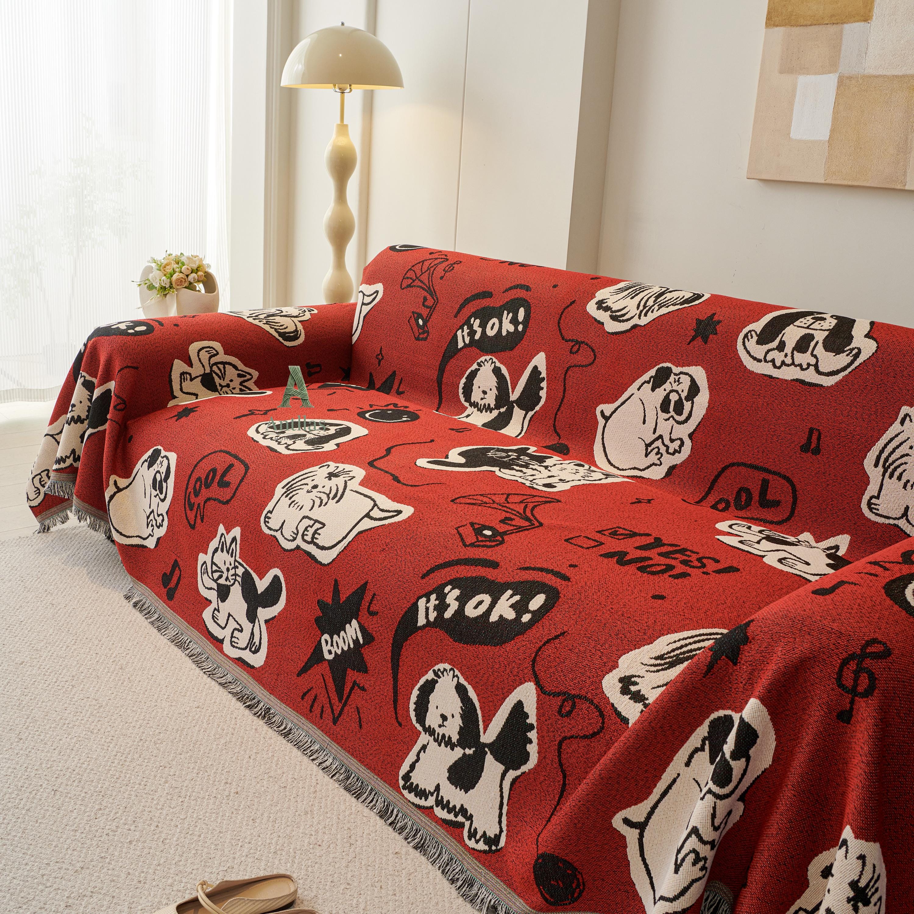 Red Pop Art Sofa Cover, Cartoon Dog Cat Couch Throw, Funny Comic Slipcover, Poly-Cotton Jacquard Blanket, Cool Teen Room Decor