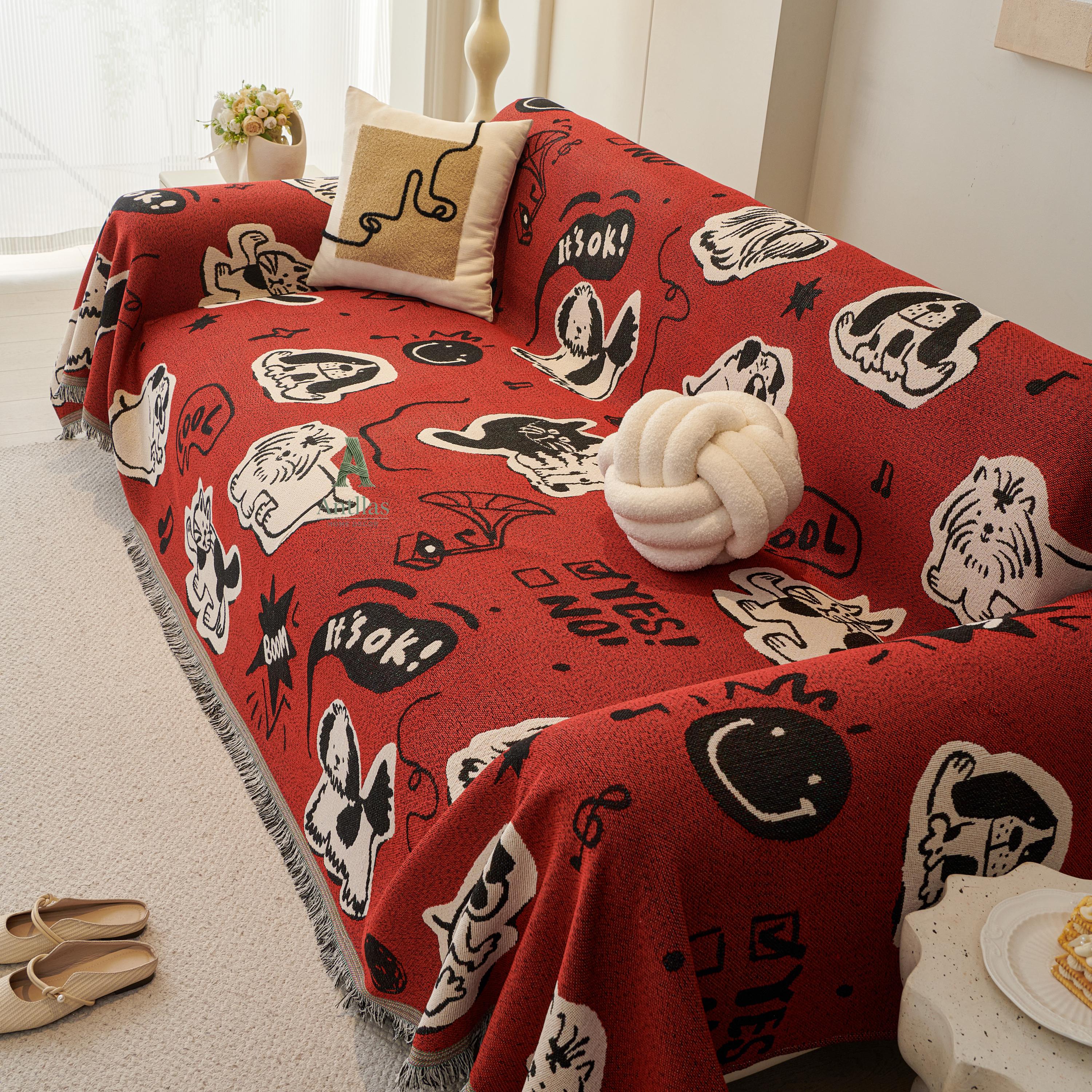 Red Pop Art Sofa Cover, Cartoon Dog Cat Couch Throw, Funny Comic Slipcover, Poly-Cotton Jacquard Blanket, Cool Teen Room Decor