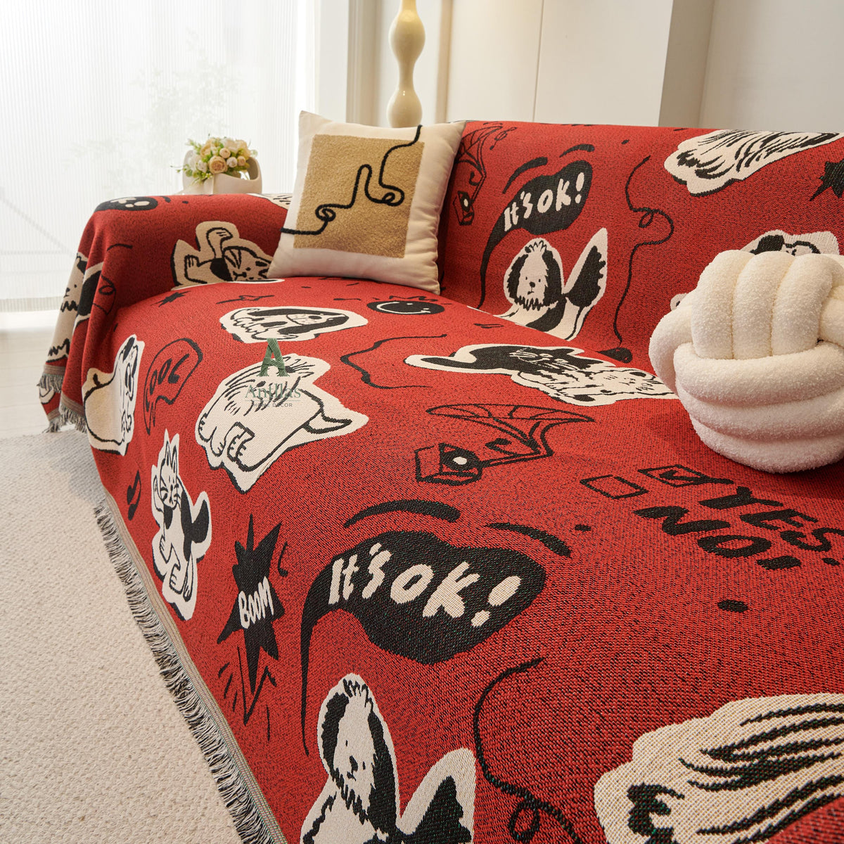 Red Pop Art Sofa Cover, Cartoon Dog Cat Couch Throw, Funny Comic Slipcover, Poly-Cotton Jacquard Blanket, Cool Teen Room Decor