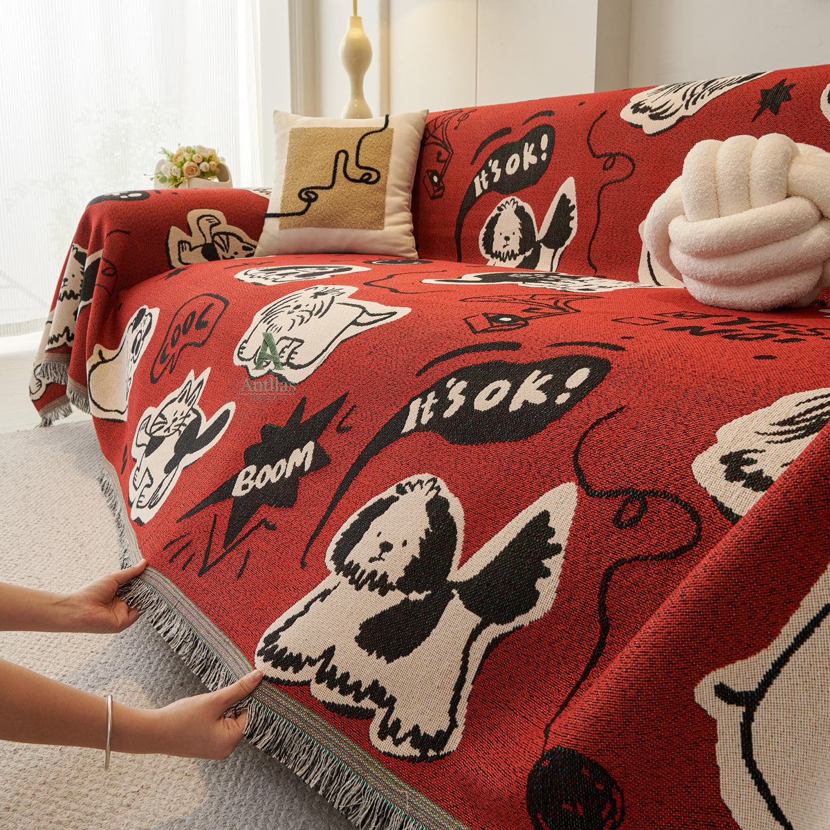 Red Pop Art Sofa Cover, Cartoon Dog Cat Couch Throw, Funny Comic Slipcover, Poly-Cotton Jacquard Blanket, Cool Teen Room Decor
