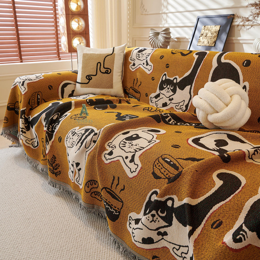 Red Pop Art Sofa Cover, Cartoon Dog Cat Couch Throw, Funny Comic Slipcover, Poly-Cotton Jacquard Blanket, Cool Teen Room Decor