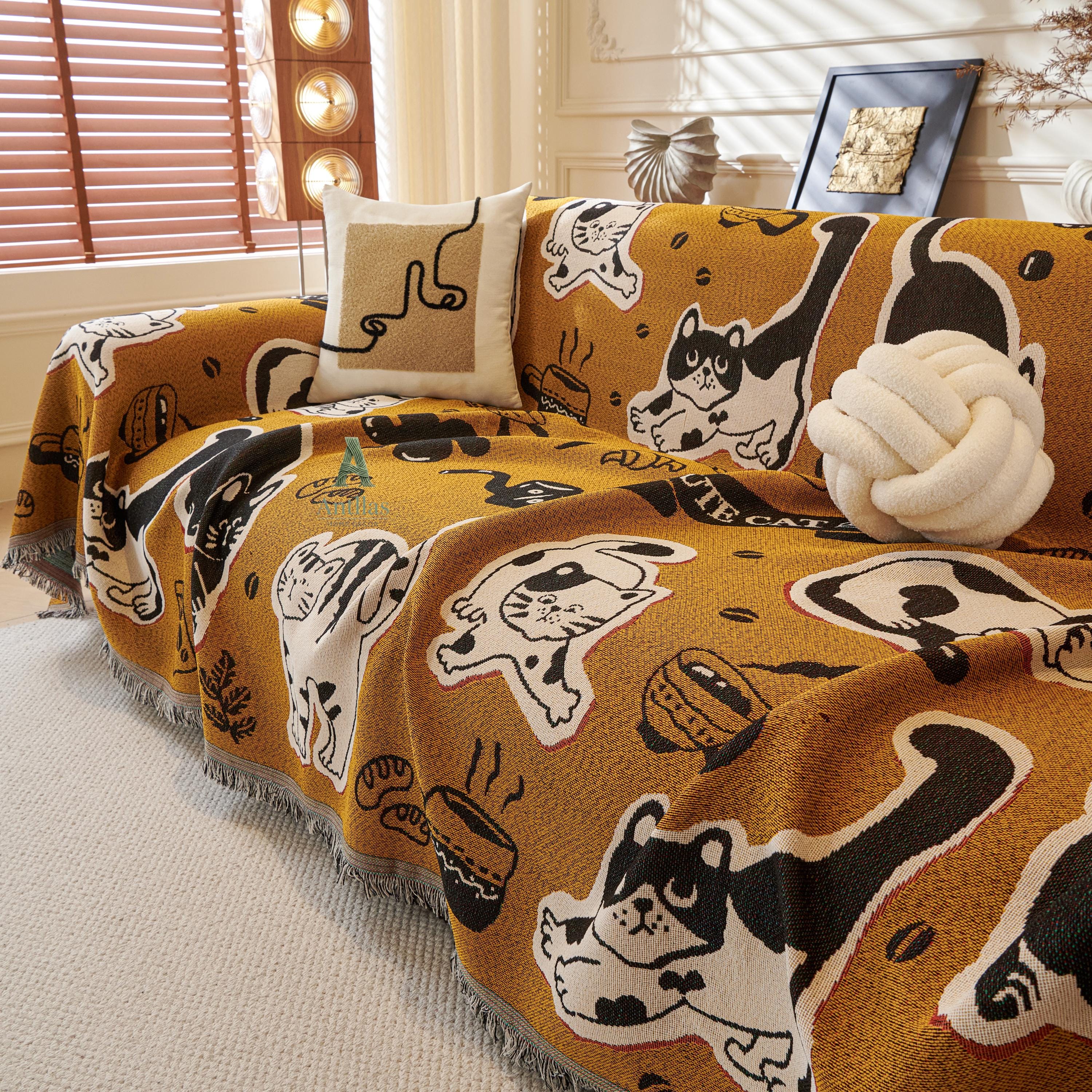 Red Pop Art Sofa Cover, Cartoon Dog Cat Couch Throw, Funny Comic Slipcover, Poly-Cotton Jacquard Blanket, Cool Teen Room Decor