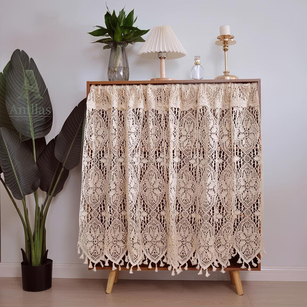 Boho Crochet Cotton Curtain, Vintage Lace Valance with Tassels