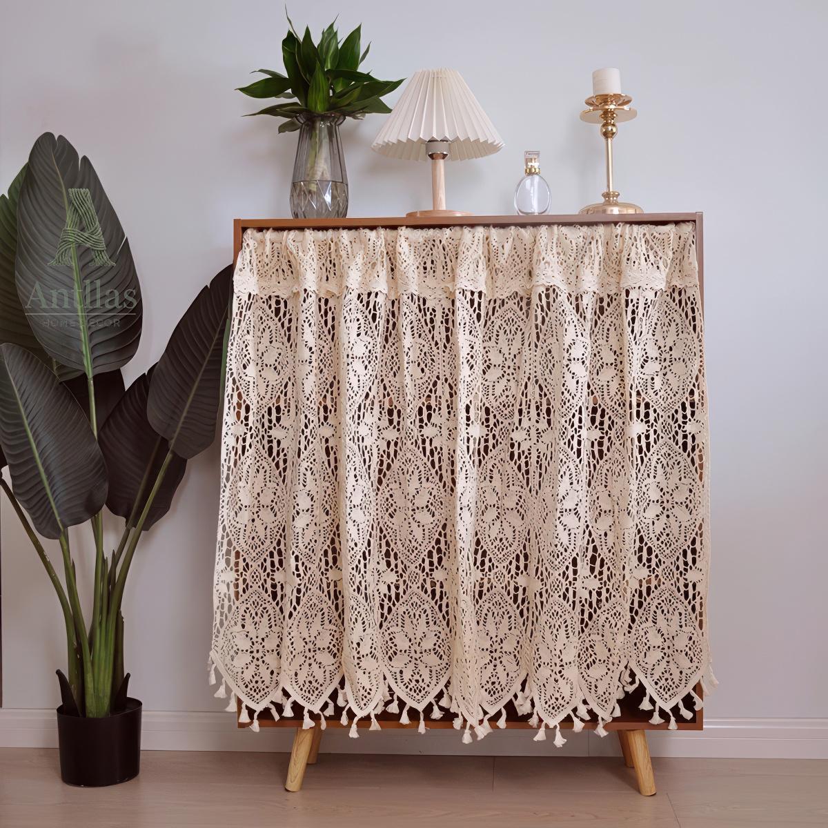 Boho Crochet Cotton Curtain, Vintage Lace Valance with Tassels