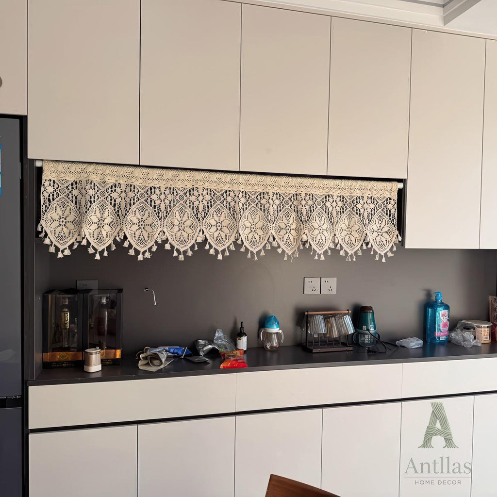 Boho Crochet Cotton Curtain, Vintage Lace Valance with Tassels