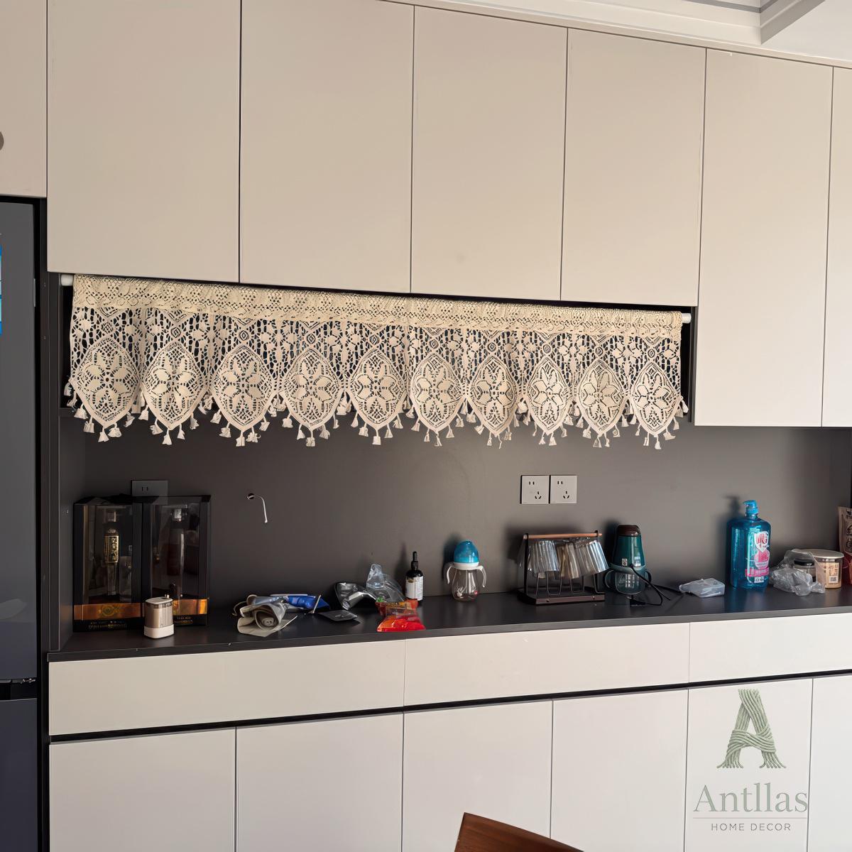 Boho Crochet Cotton Curtain, Vintage Lace Valance with Tassels