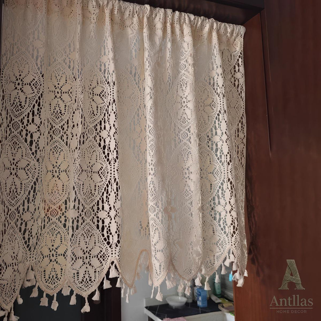 Boho Crochet Cotton Curtain, Vintage Lace Valance with Tassels