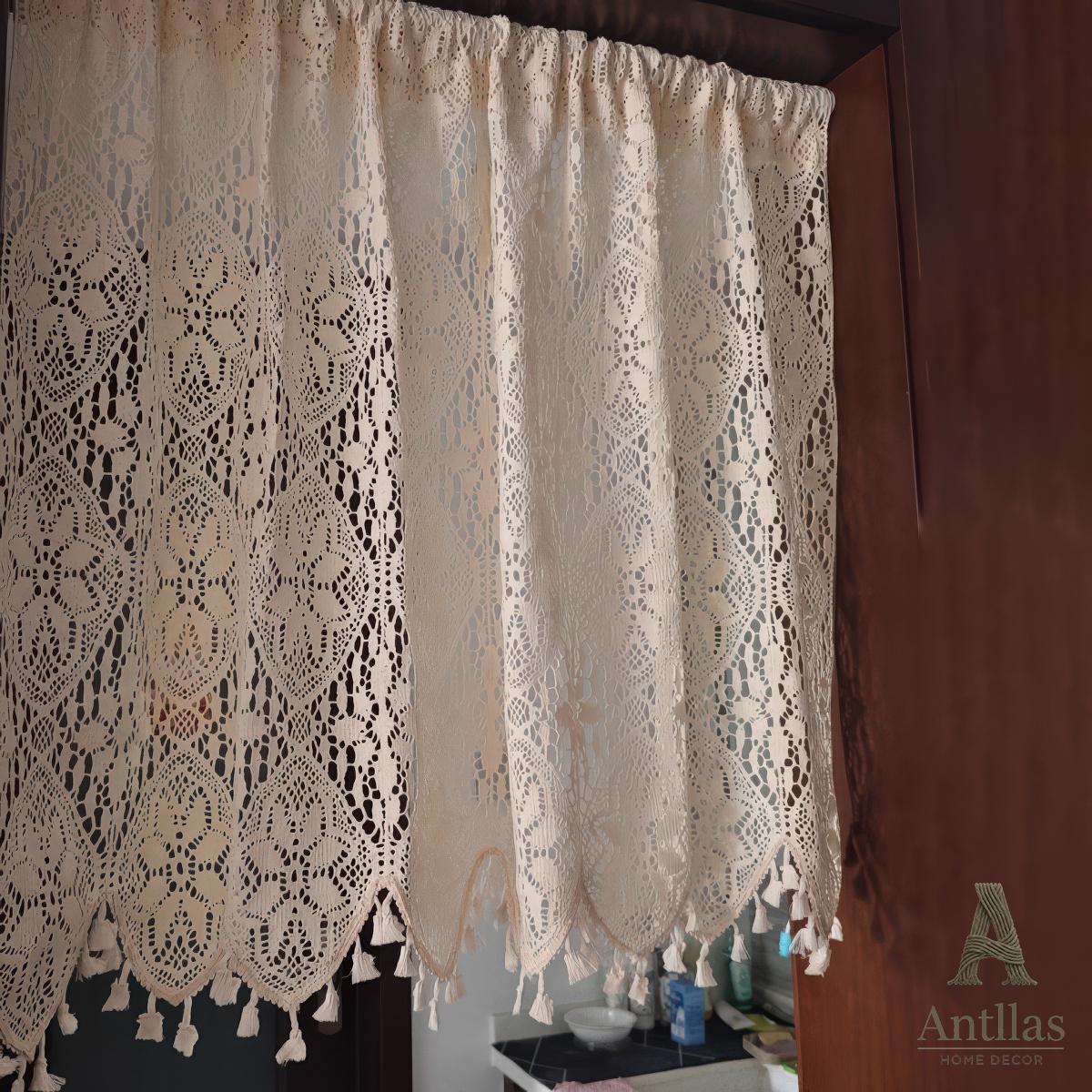 Boho Crochet Cotton Curtain, Vintage Lace Valance with Tassels