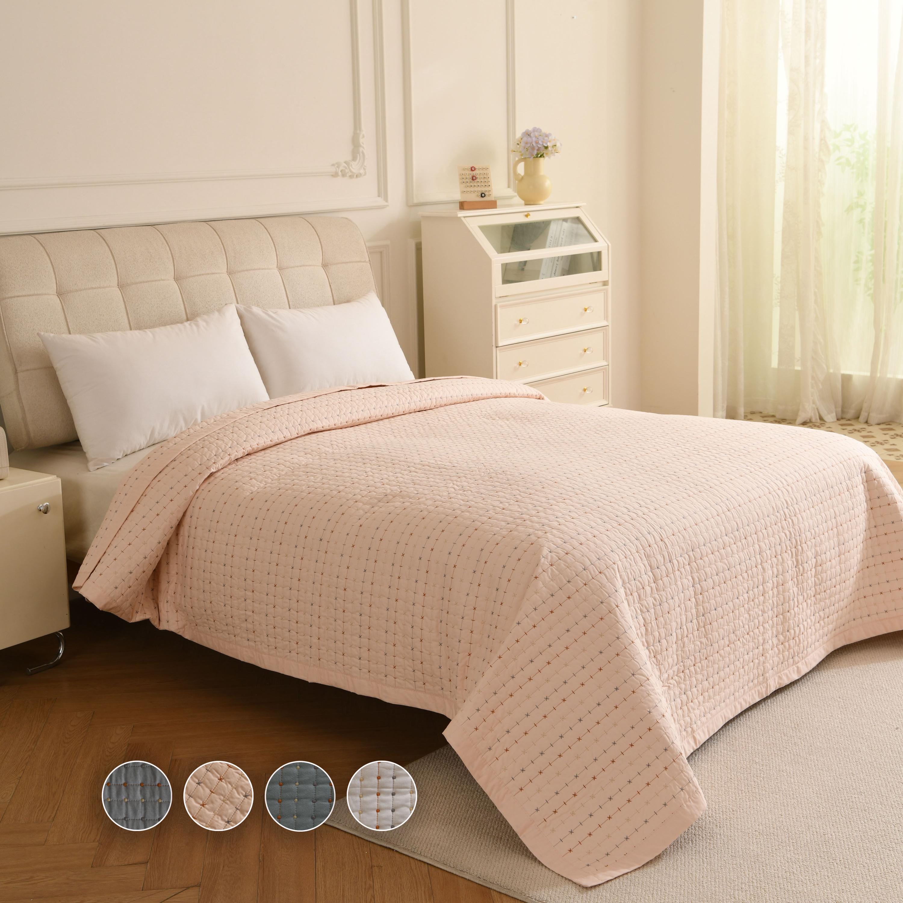 Cotton Quilted Bedspread, Boho Kantha Stitch, Queen King bedcover